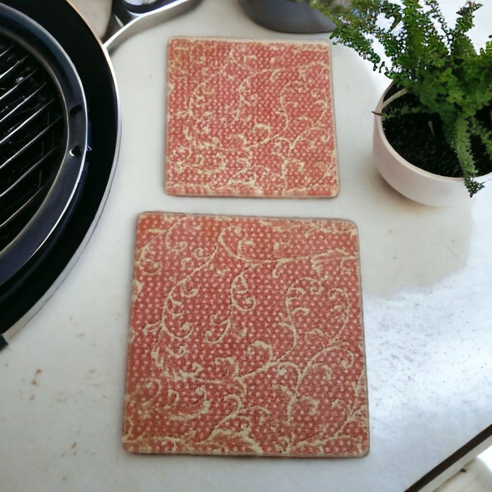 Temptations Glass Tile Footed Trivets Hot Plates Red & White Beaded Set of 2